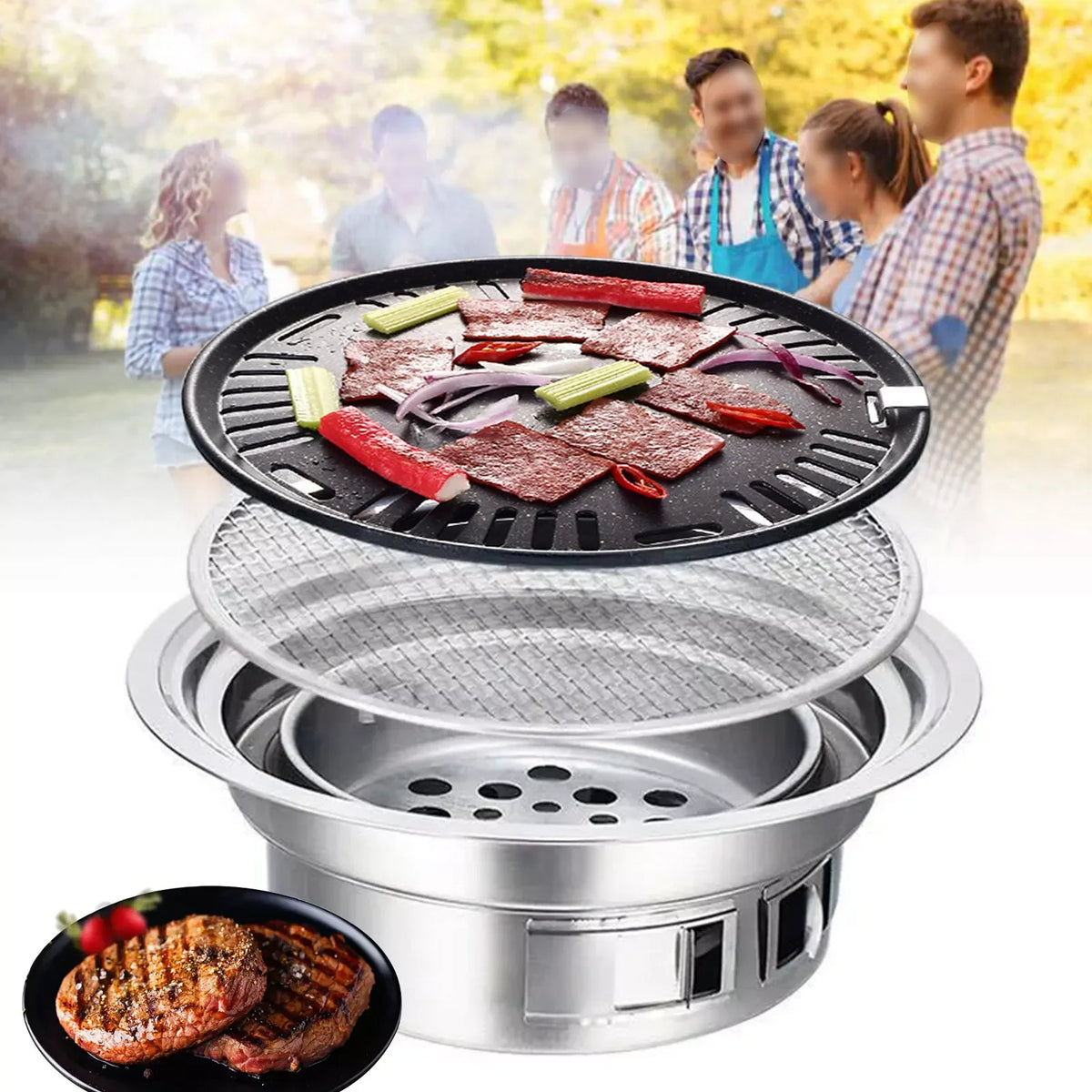 Korean Style Portable BBQ Grill Stainless Steel Hibachi Charcoal Stove