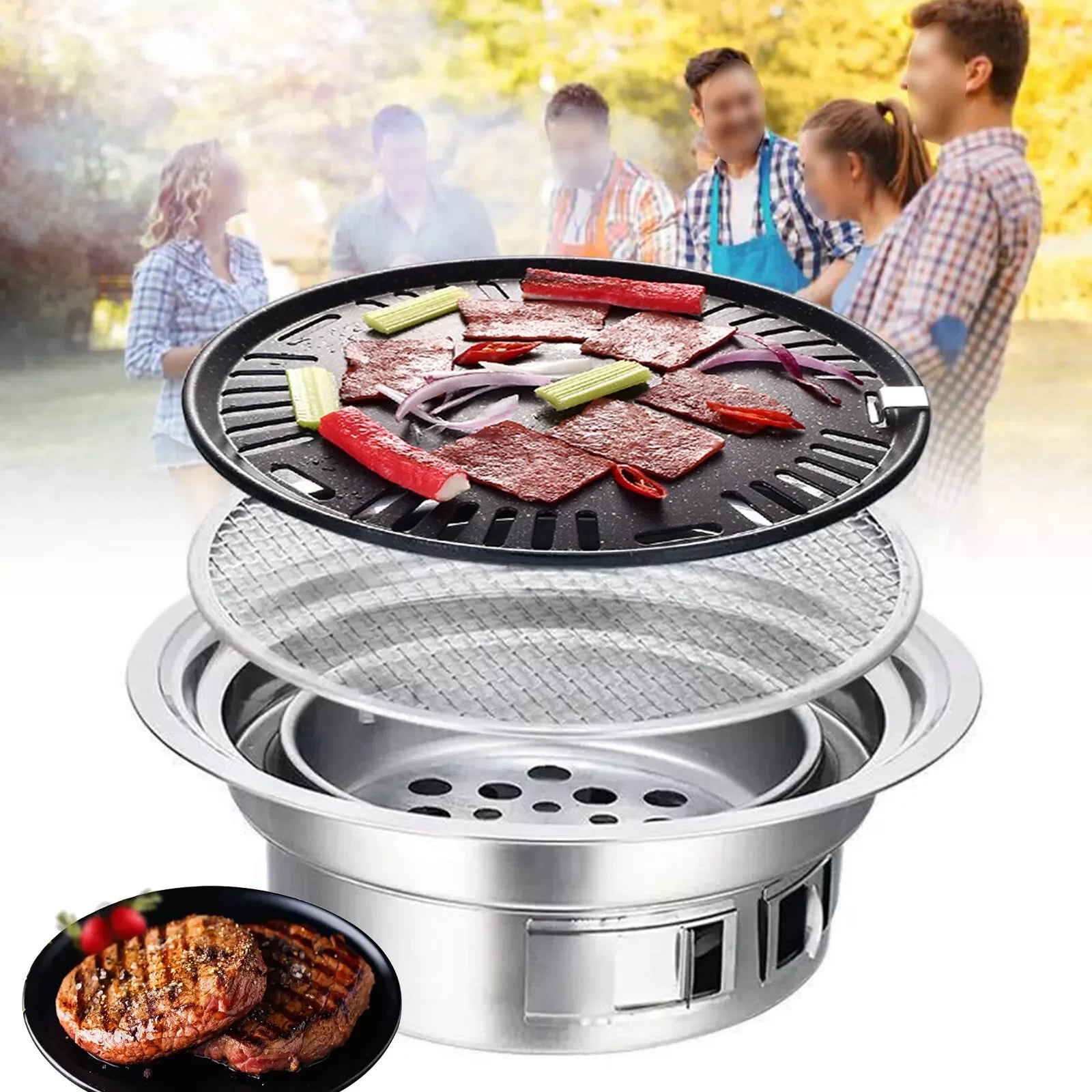 Korean Style Portable BBQ Grill Stainless Steel Hibachi Charcoal Stove