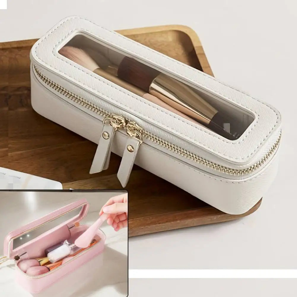 PU Leather Cosmetic Bag Makeup Brush Organizer – Portable Travel Toiletries Bag (White)