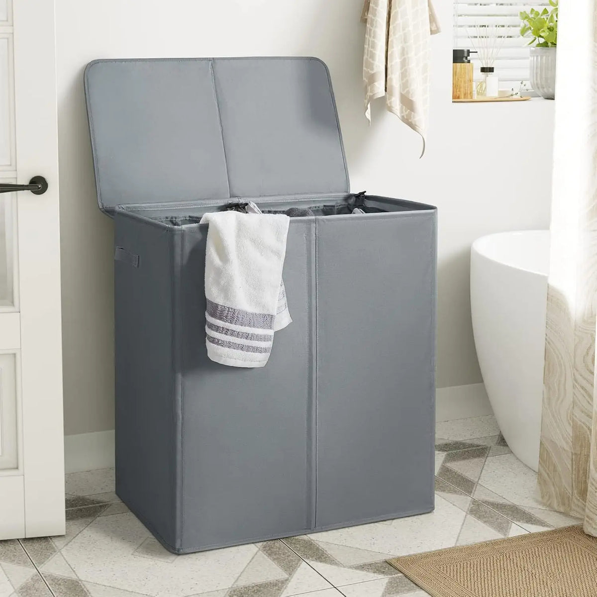 Collapsible Double Laundry Hamper 180L with Lid and Bags (Gray)