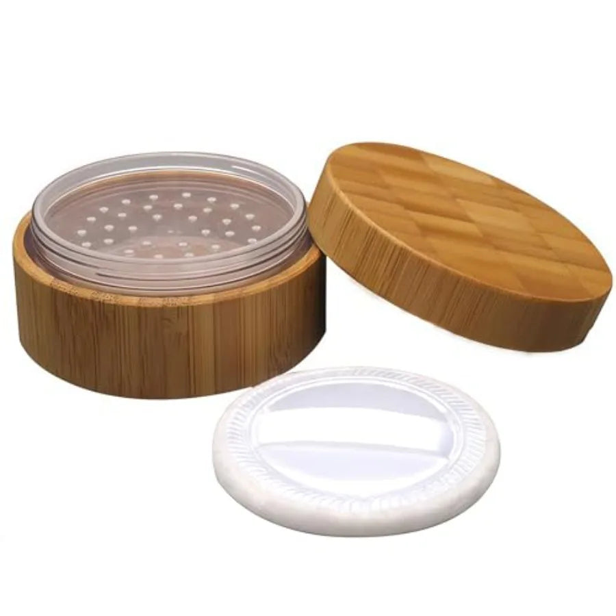 Refillable Loose Powder Container with Puff 30ml Portable Bamboo Makeup Powder Jar with Sifter, Empty Cosmetic Powder Storage Case for DIY Travel &amp; Beauty