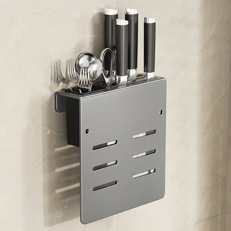 Wall-Mounted Kitchen Knife Holder with Cutting Board &amp; Chopstick Storage Rack (Gray)
