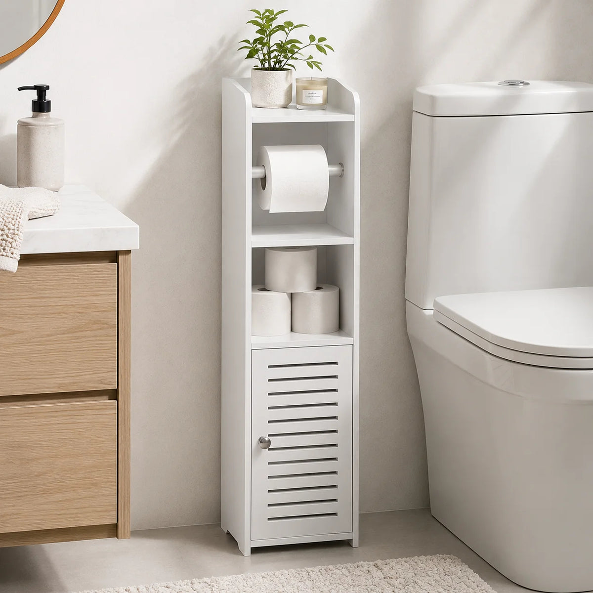 Slim Bathroom Storage Cabinet with Toilet Paper Holder – Narrow PVC Organizer with Shelves and Door for Small Bathrooms