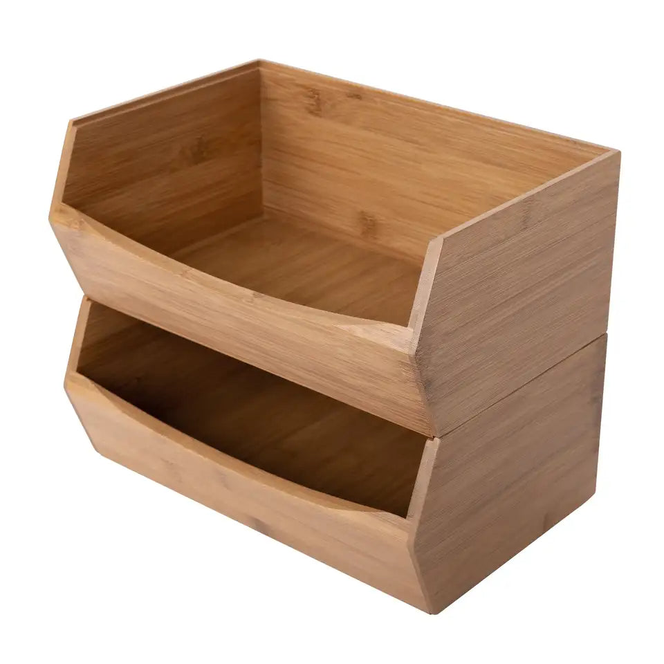 Bamboo Wood Storage Bins 2 Pack Stackable Organizer Boxes