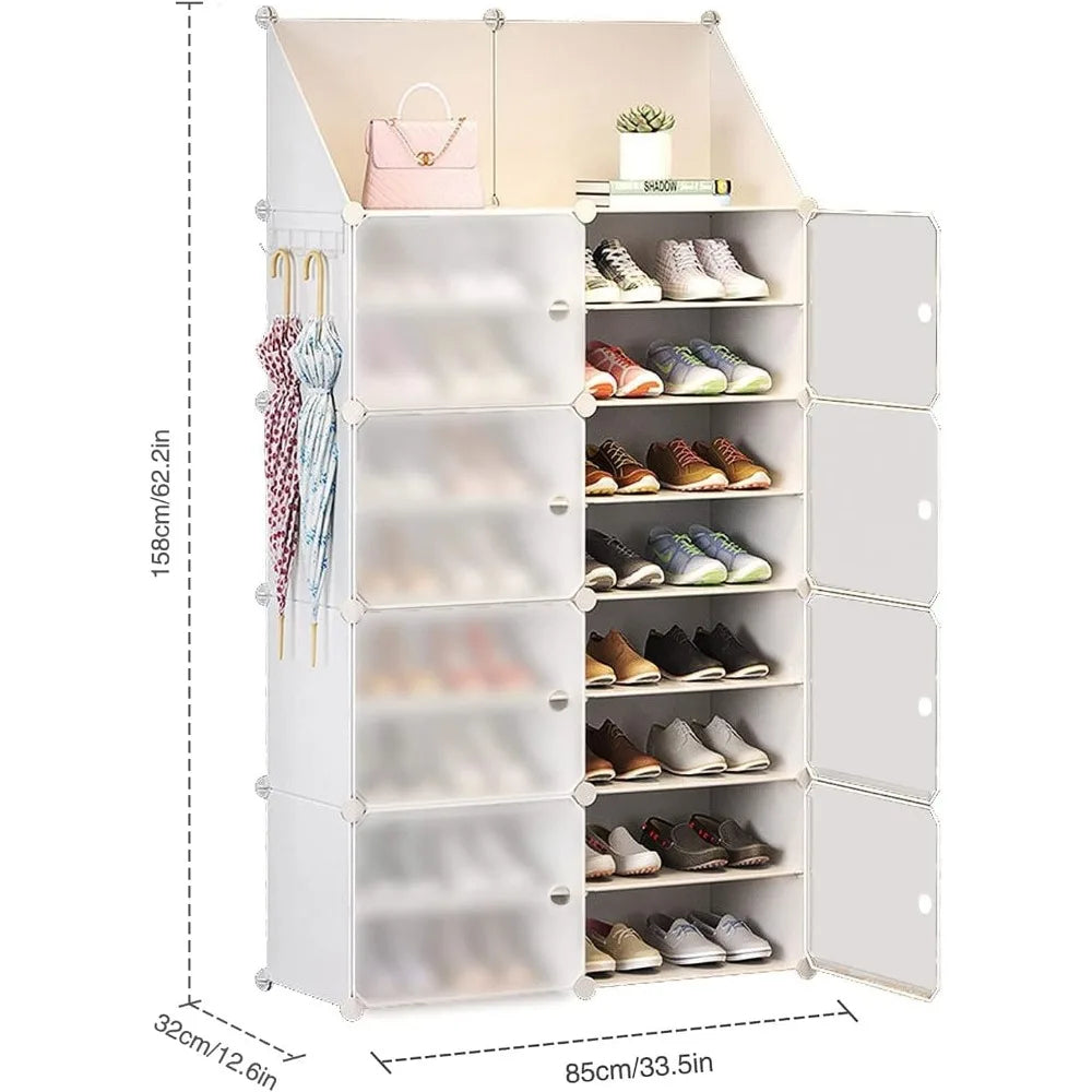 Portable Shoe Rack with Doors Large Capacity 32-64 Pair Storage (White)