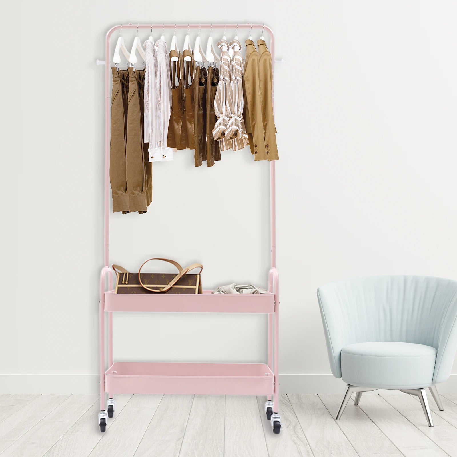 Carbon Steel Floor Standing Garment Rack 26" Baskets with Wheels
