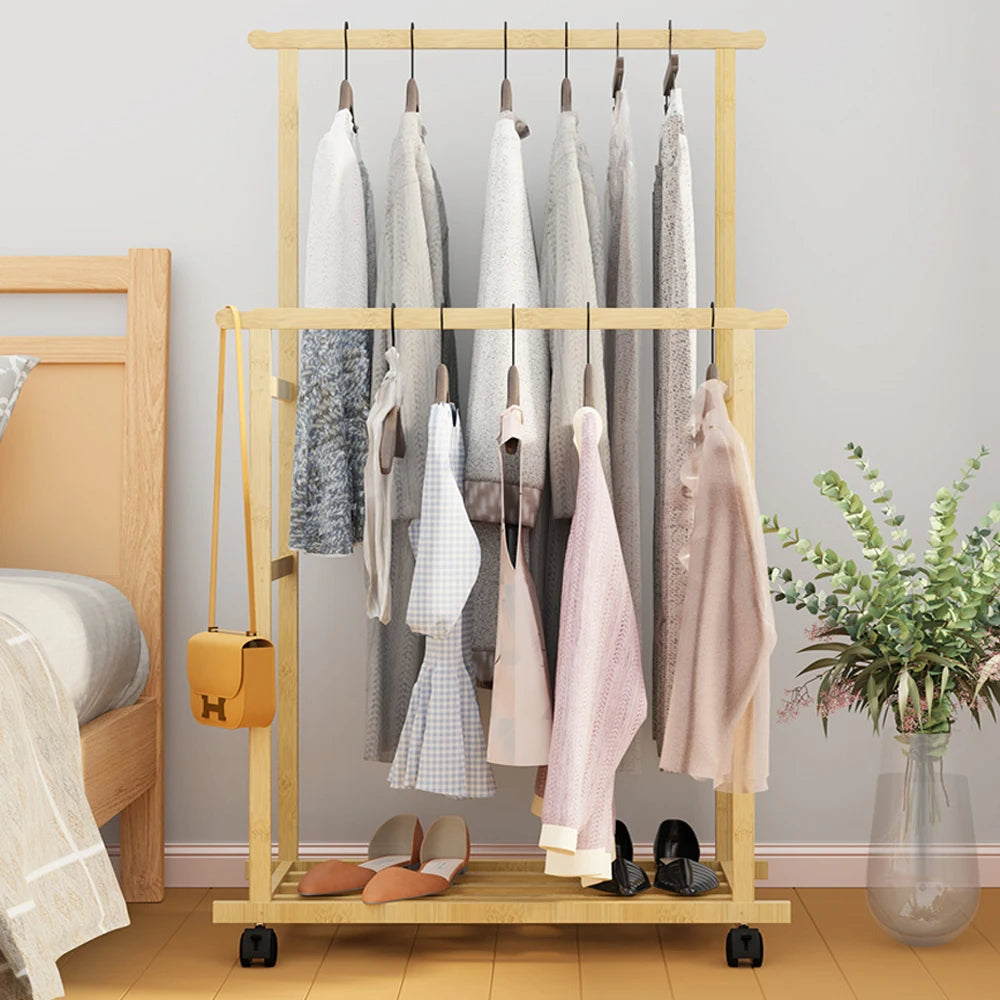Rolling Clothes Rack Double Layer Garment Rail with Wheels