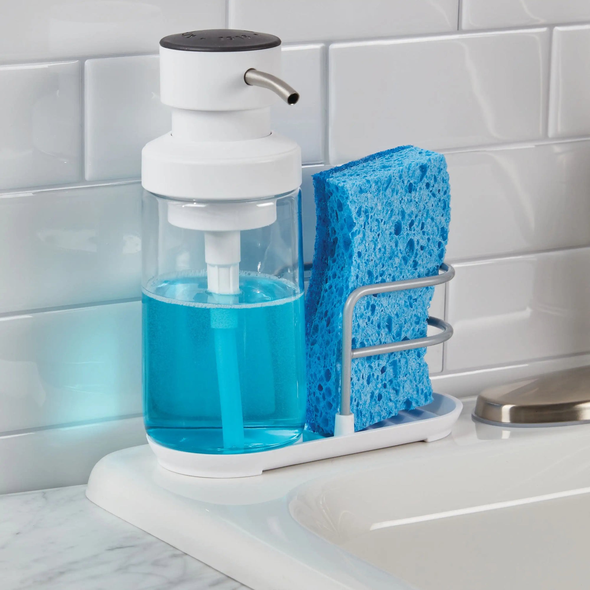 Kitchen Sink Satin Wire Soap Pump Sponge Caddy (White)