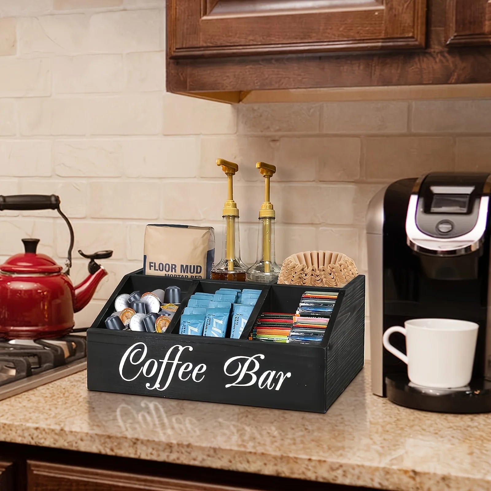 Rustic Wooden Coffee Bar Organizer