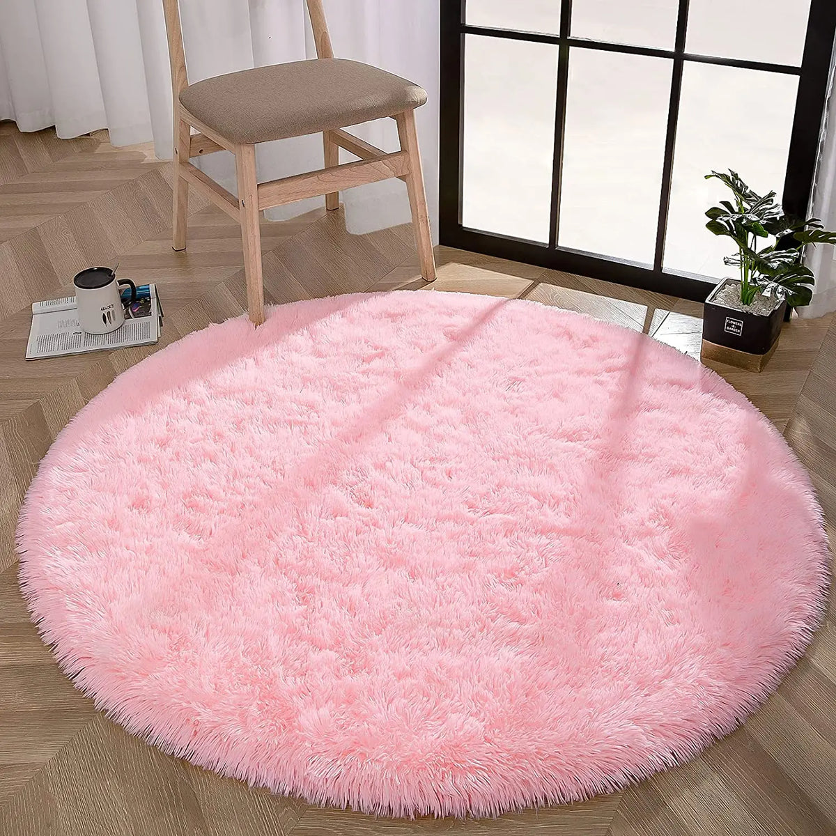 Round Fluffy Area Rug Thick Plush for Living Room Bedroom (Pink)