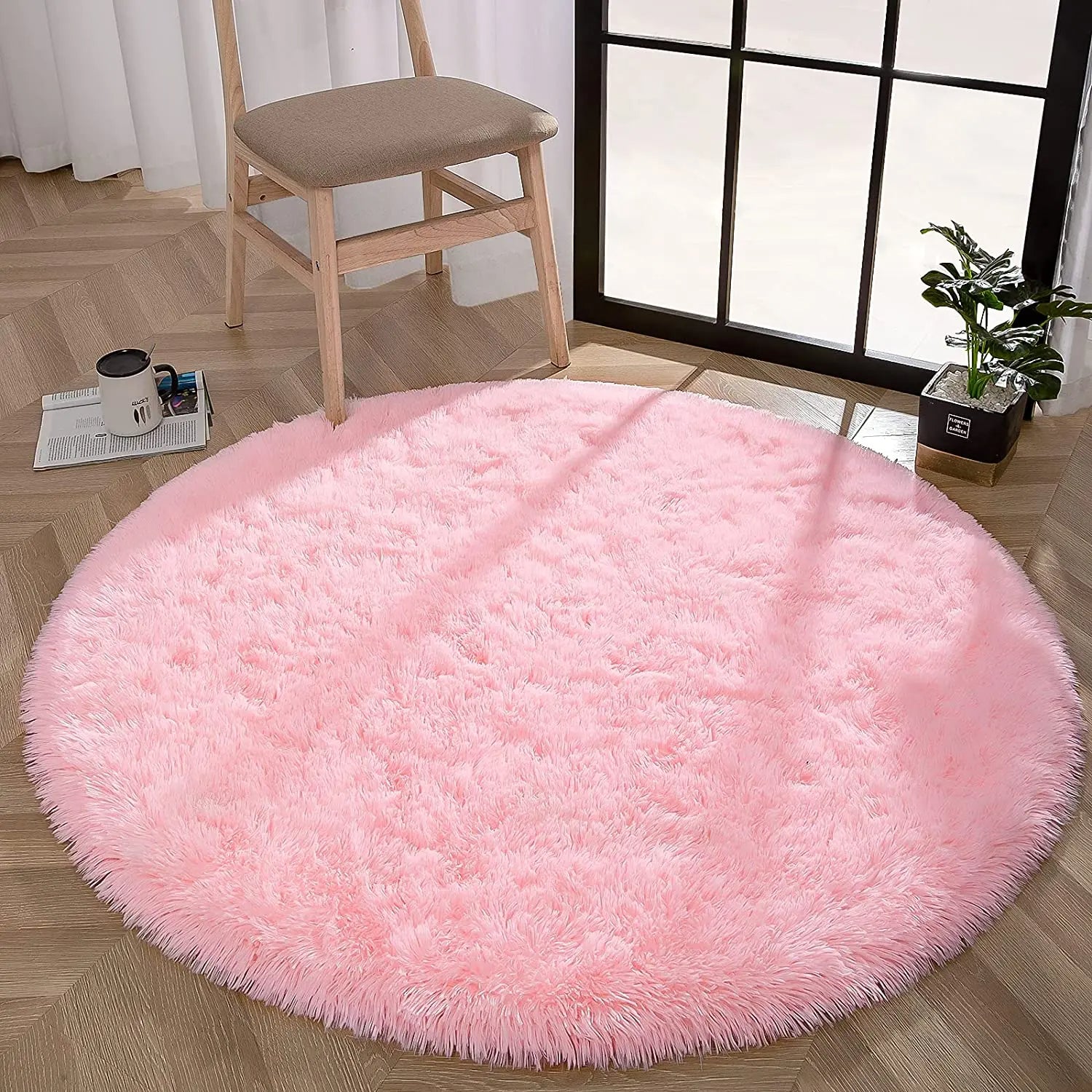 Round Fluffy Area Rug Thick Plush for Living Room Bedroom (Pink)