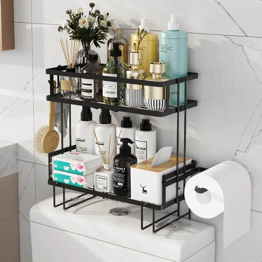 Modern 2-Tier Black Wall Shelf Space-Saving Bathroom and Over-Toilet Storage Organizer
