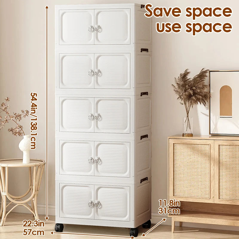 Stackable Closet Organizer 2-Tier with Wheels Large Capacity Storage Box (White)