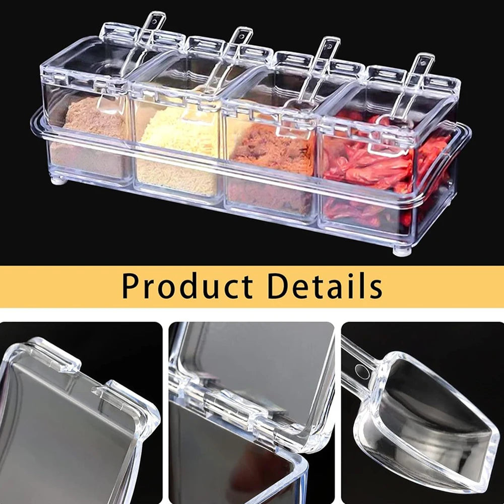 Premium 4-Grid Acrylic Seasoning Box Organizer Clear Countertop Condiment Container