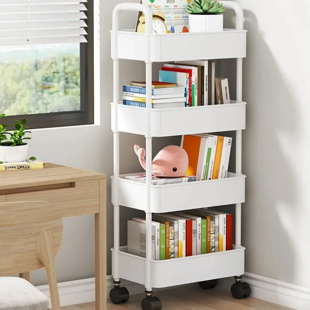 Multipurpose Rolling Storage Trolley 4-Layer Bookshelf Storage Cart (White)