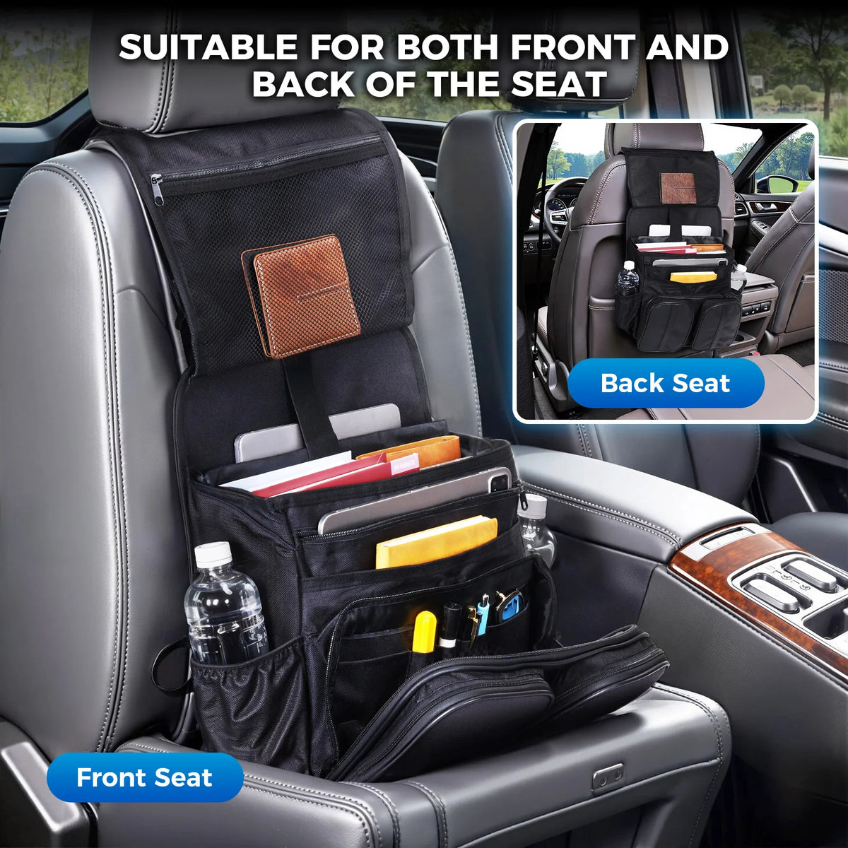 Adjustable Hanging Car Seat Organizer with Laptop Tablet Holder (Black)