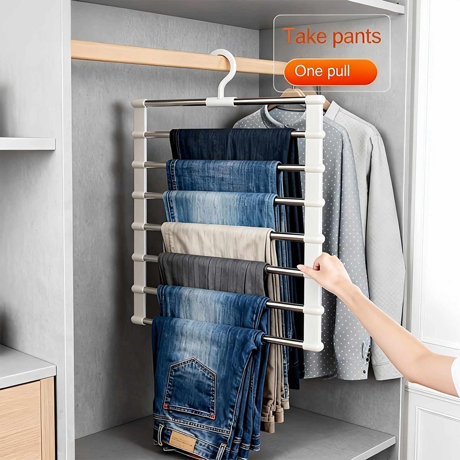 Pants Rack 6-Tier Stainless Steel Foldable Design Space-Saving Closet Organizer