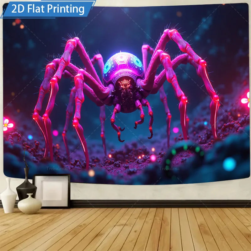 Glowing Purple Spider Wall Tapestry for Halloween Decoration