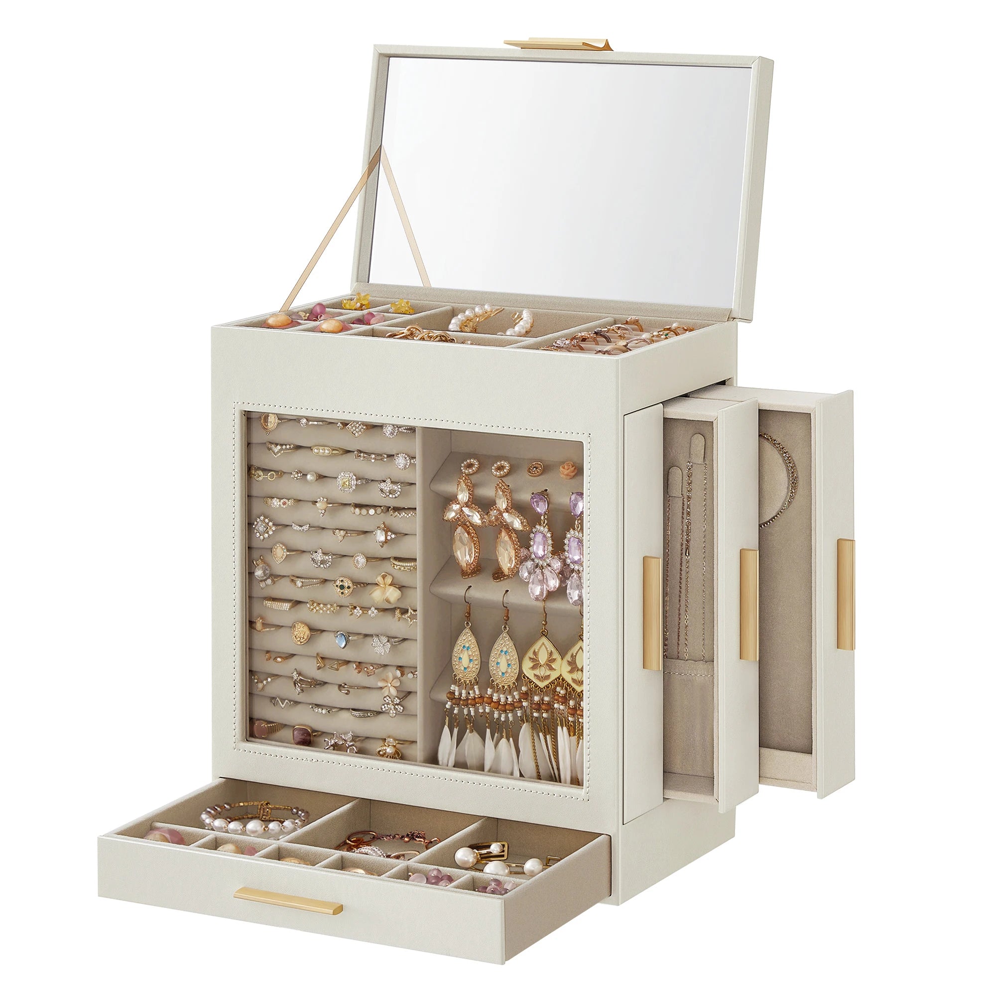 Modern Jewelry Box 5-Layer with 3 Drawers and Mirror (White)