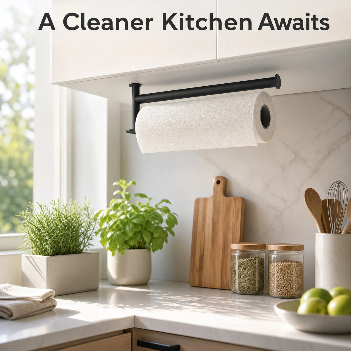 Paper Towel Holder, Strong Adhesive Wall Mount &amp; Countertop Kitchen Organizer, Adjustable Paper Towel Rack, Rust-Resistant Space-Saving Storage (Black)