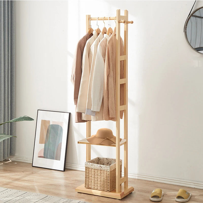 Bamboo Garment Rack with Shoe Shelf Hooks Wooden Coat Stand