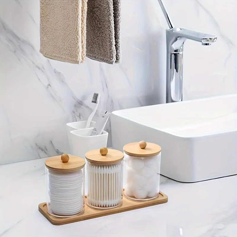 Bathroom Organizer Three 10oz Clear Cotton Swab/Q-Tip Jars and Tray