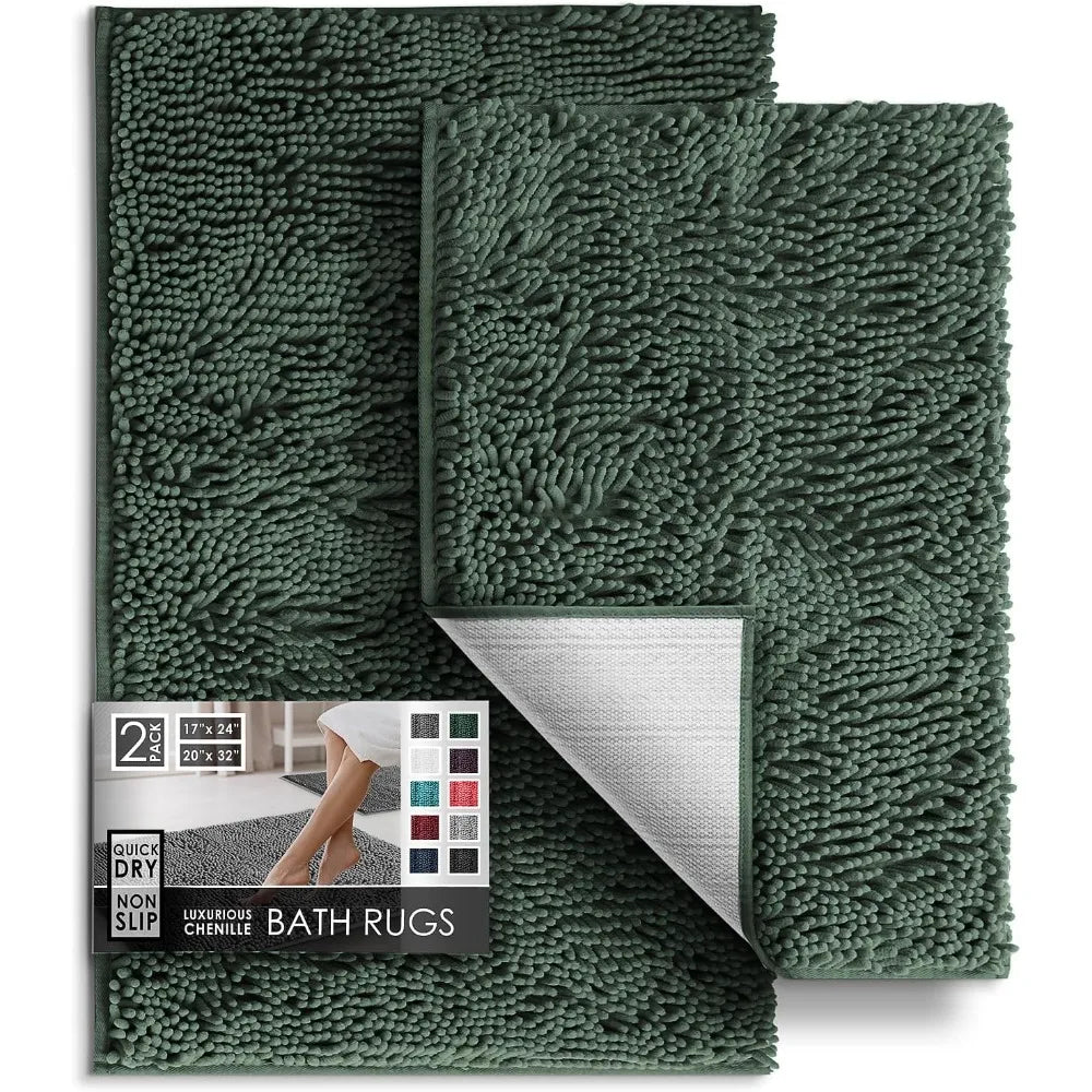 Chenille Bathroom Rugs Set 2-Piece (Hunter Green)
