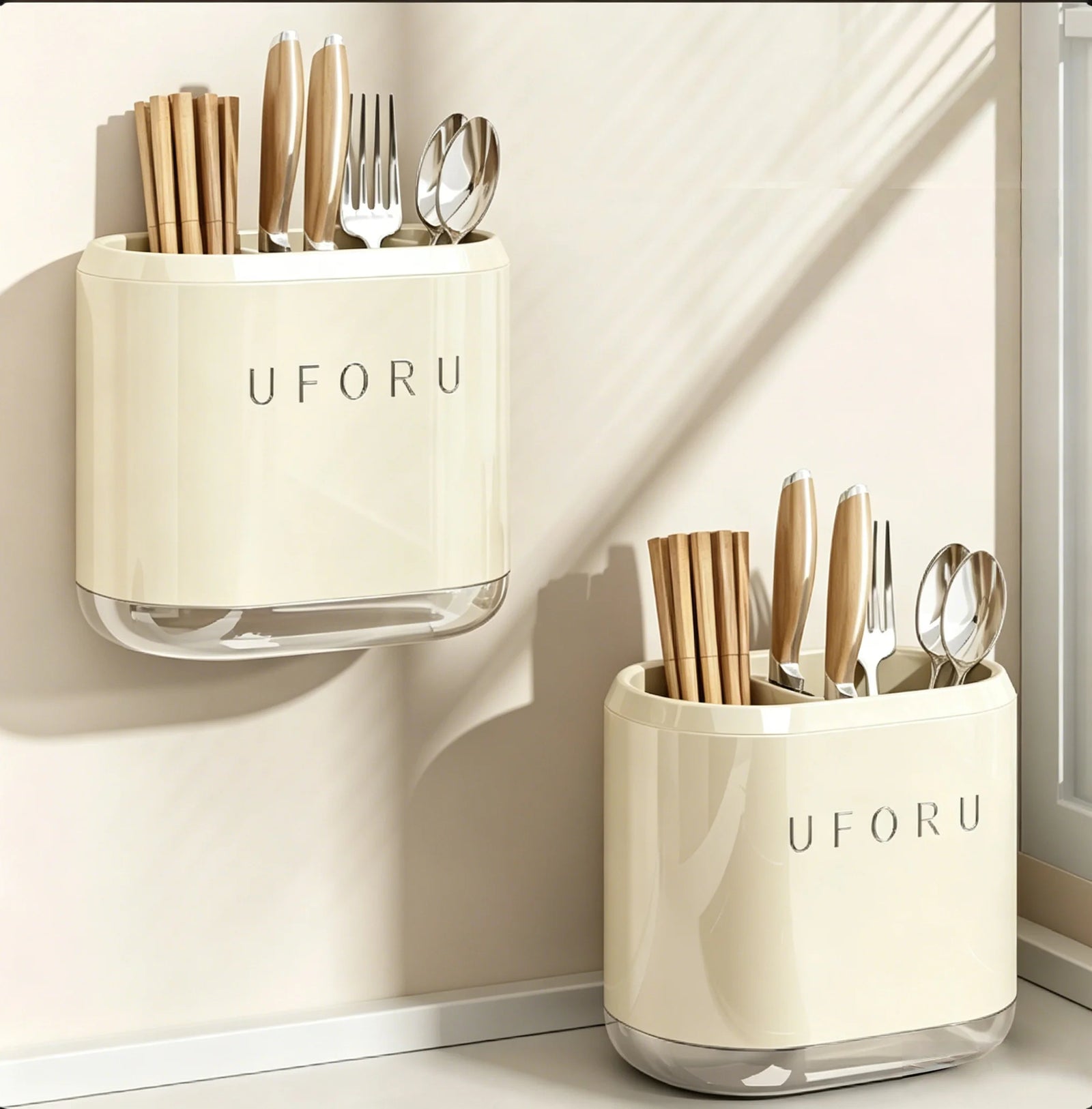 No-Drill Wall-Mounted Utensil Holder, Kitchen Cutlery Organizer for Spoons, Forks & Chopsticks, Removable Drain Tray, Dual-Use Countertop & Wall Hanging Drying Rack
