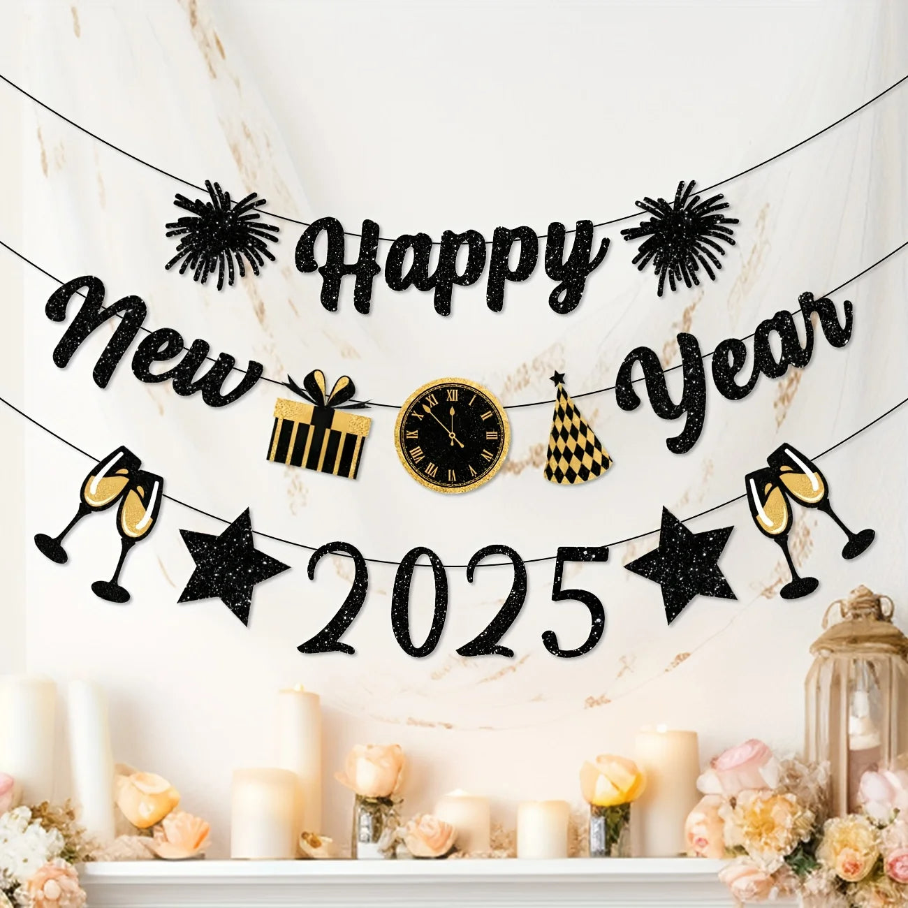 Happy New Year 2025 Banner Glitter Alphabet With Fireworks Banner (Black)