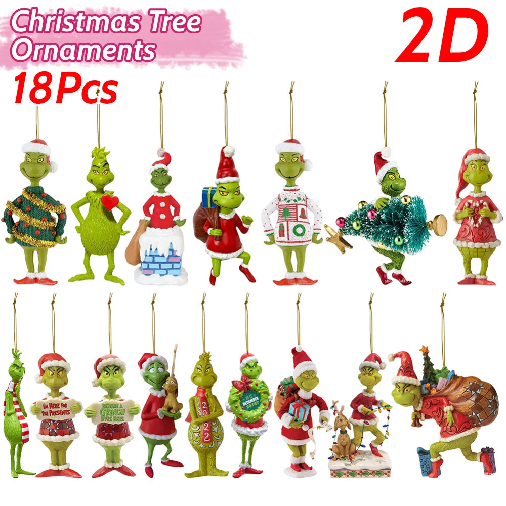 Christmas Tree Green Monsters Ornaments (18 Pcs) Cute Acrylic Cartoon Pendants
