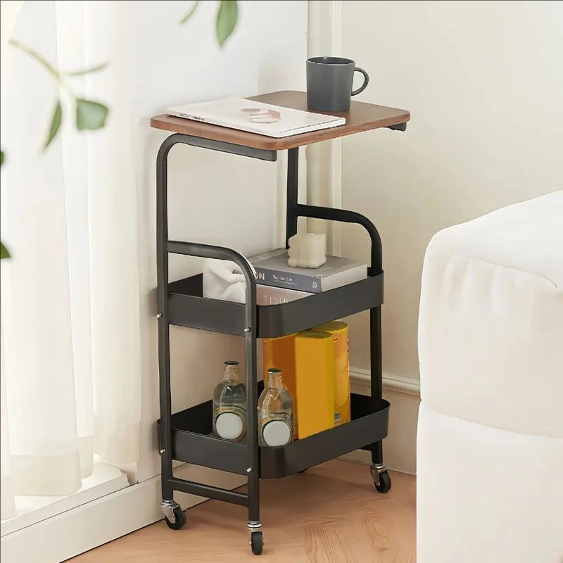 3-Tier Rolling Utility Cart with Wooden Shelves Industrial Metal Storage Rack with Handles
