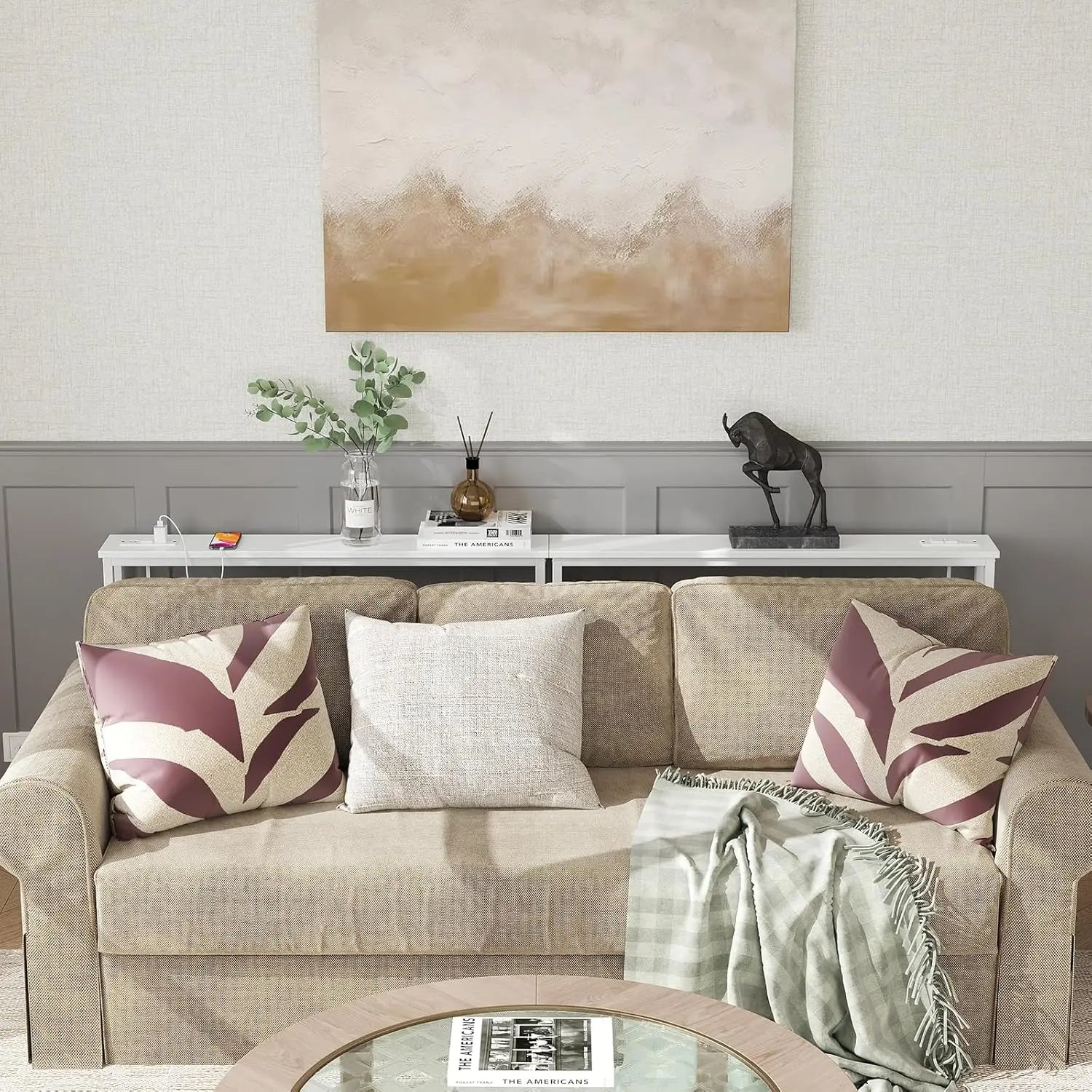 Sofa Console Table with Built-in Charging Station (Black)