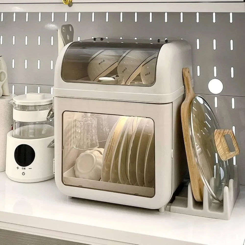 2-Tier Dish Drying Rack with Dust-Proof Lid Fully Enclosed Tableware Organizer