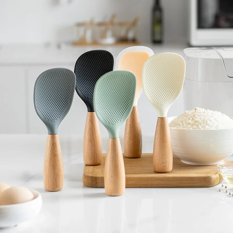 Silicone Rice Spoon with Wooden Handle High Heat Resistant Kitchen Tool