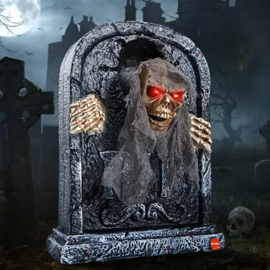 Animatronic Tombstone with Moving Skeleton Prop