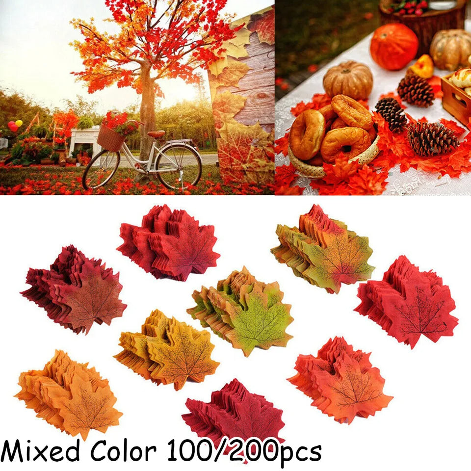 200PCS Artificial Silk Maple Leaf Garland Halloween & Thanksgiving Decor