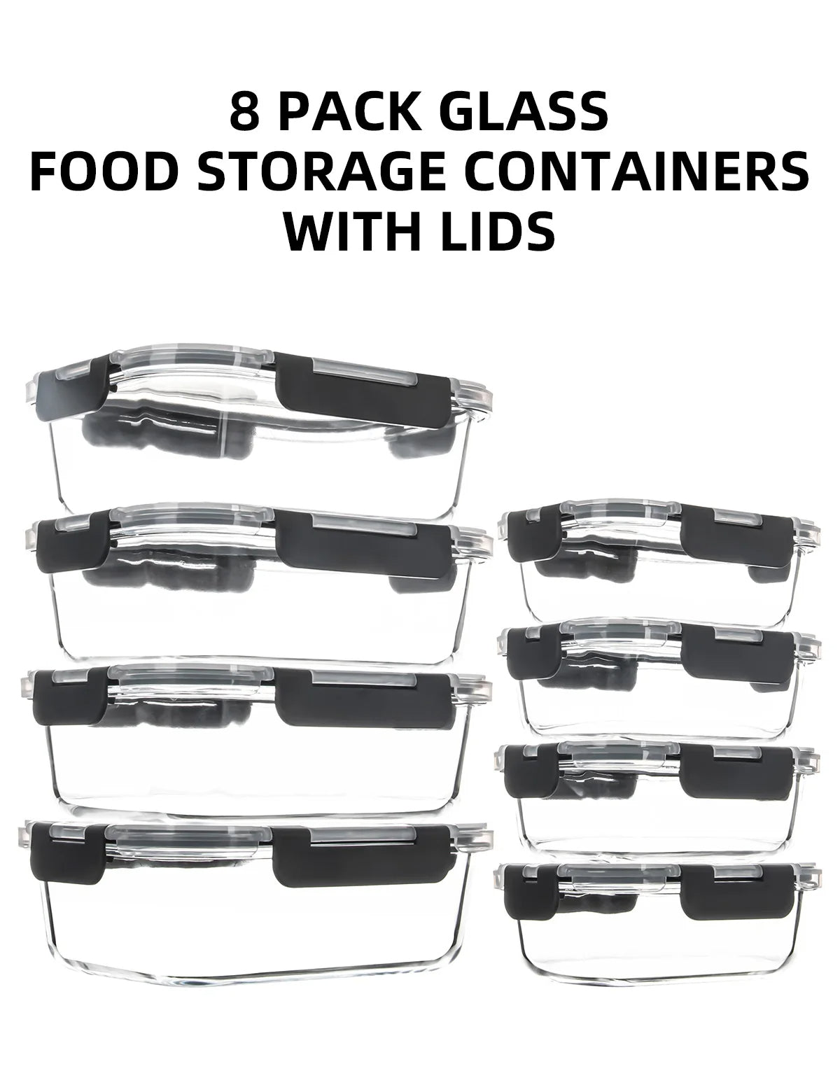 Glass Food Storage Containers Set 8-Piece Leakproof BPA-Free Microwave Oven Safe (Gray)