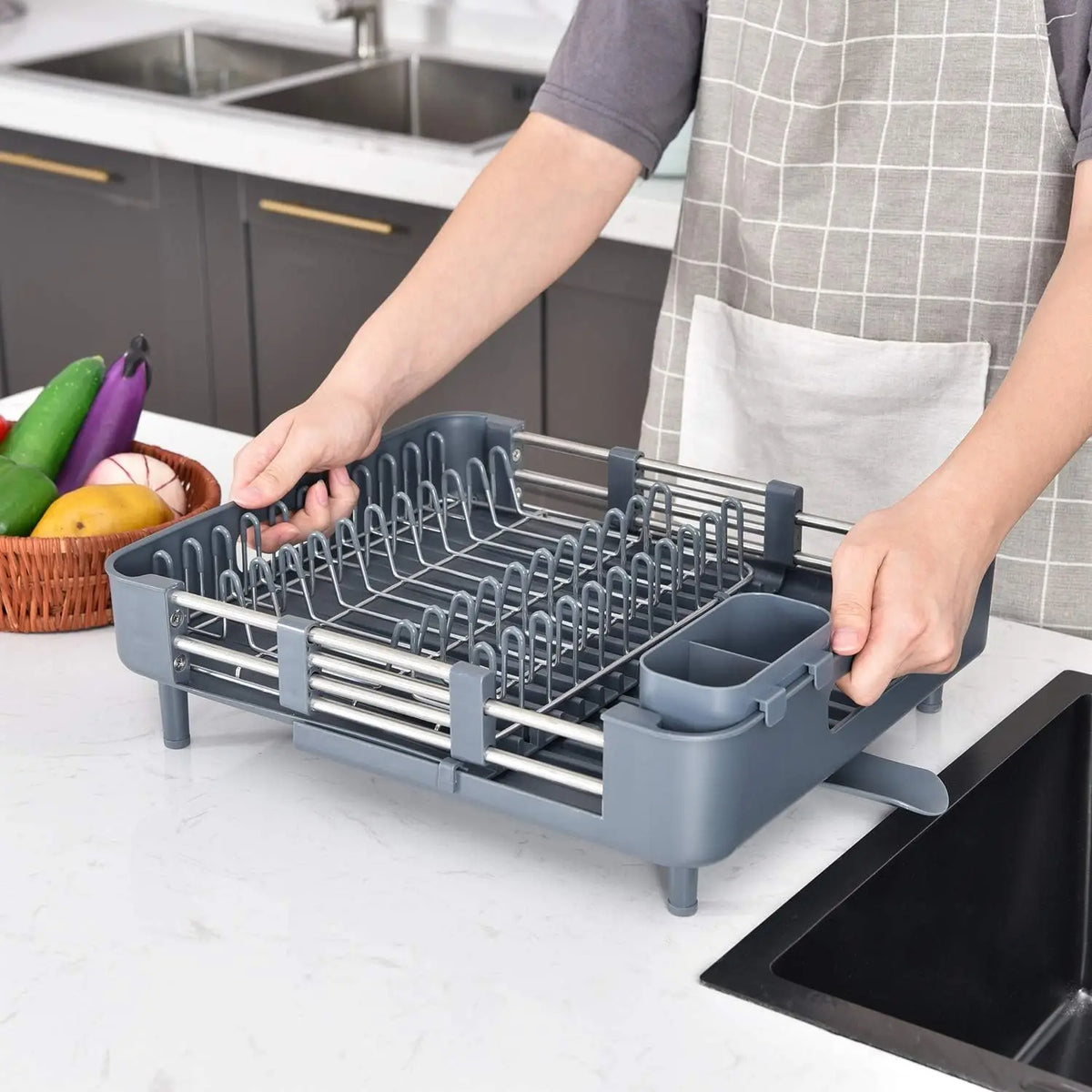 Expandable Kitchen Counter Dish Rack with Drainer