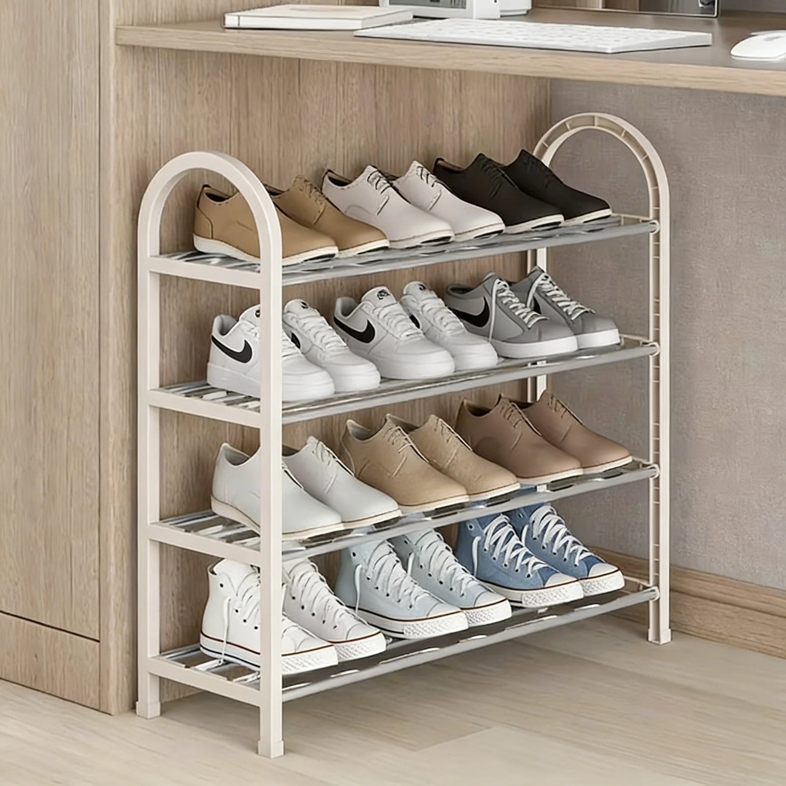 Multi-Layer Shoe Rack Single Row 4-Layer Storage Metal Stackable Tower (White)