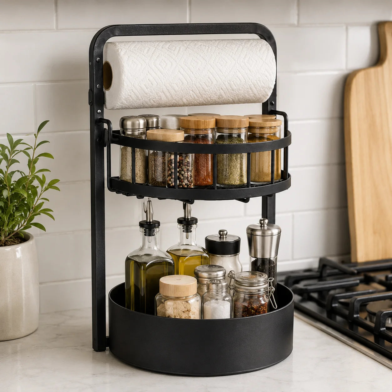 2-Tier Kitchen Countertop Organizer with Paper Towel Holder – Heavy-Duty Spice Rack for Sauce, Oil Bottles & Kitchen Storage