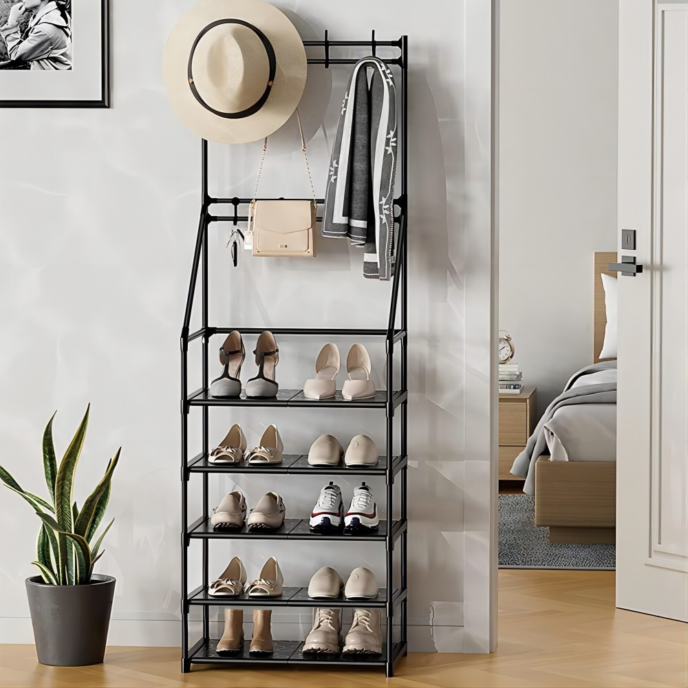 Multipurpose Storage 5-Tier Shoe and Hat Rack with 8 Hooks