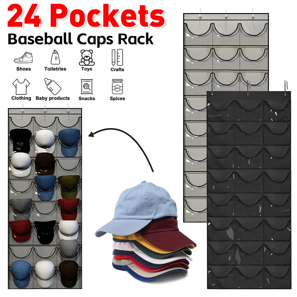 24 Pocket Clear Hat Organizer Wall Door Rack 2 Piece (Gray)