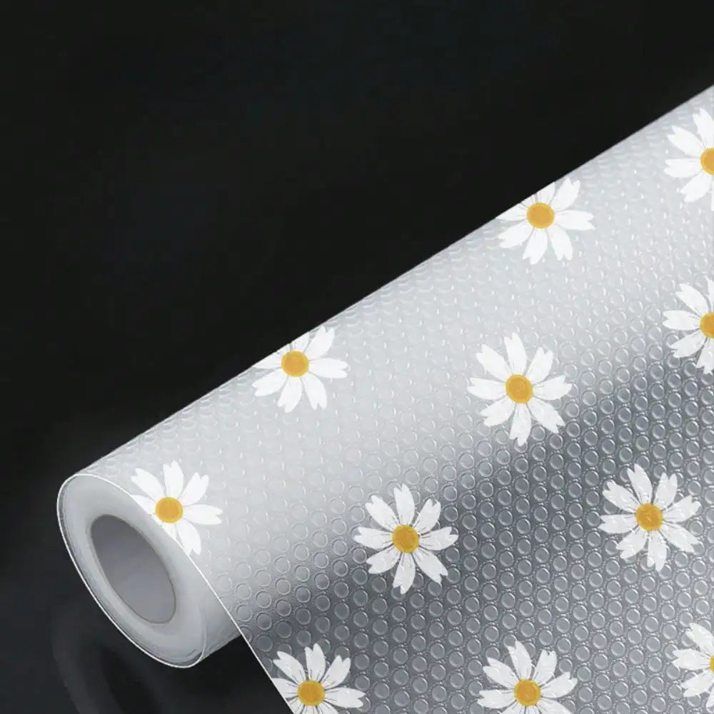 Multipurpose Non-Slip Shelf Liner Roll 118 Inch Waterproof Plastic Cabinet Drawer Mat with Charming Daisy Design for Kitchen