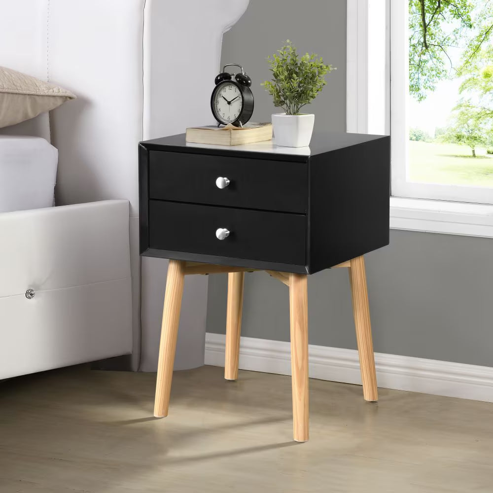 Wooden Bedside Table with 2 Drawer Storage Rubber Wood Legs