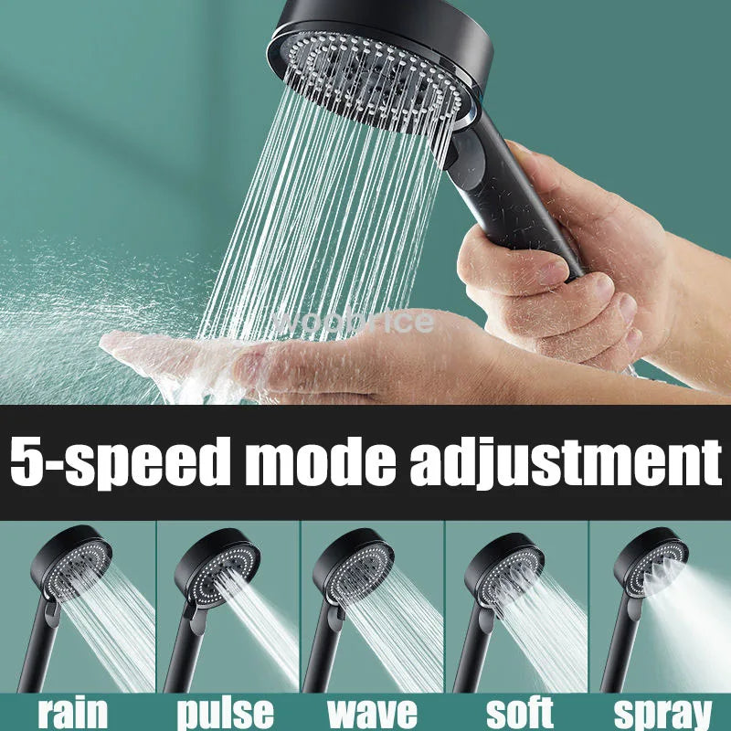 High-Pressure Turbo Shower Head with 5 Modes Water Saving (Black)