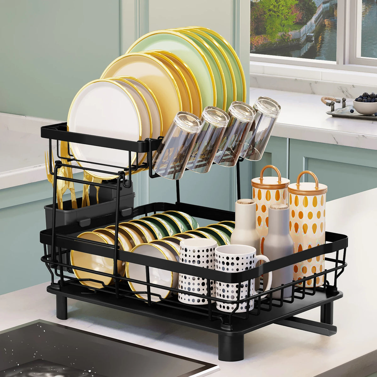 2-Tier Stainless Steel Dish Drying Rack (Black)