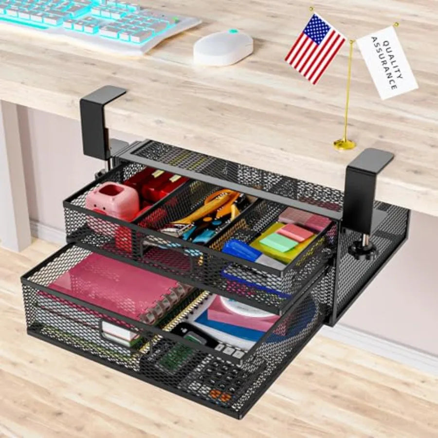 Under Desk Drawer Organizer No Drilling – 2 Slide Out Drawer Clamp-On Storage for Under Desk Management