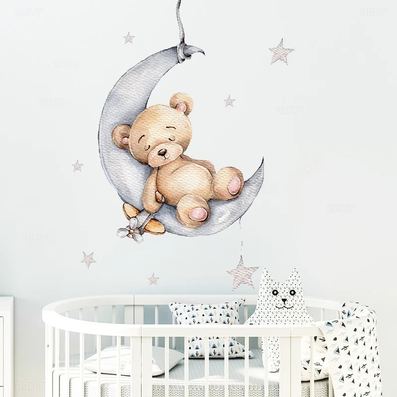 Cartoon Teddy Bear Moon and Stars Wall Stickers