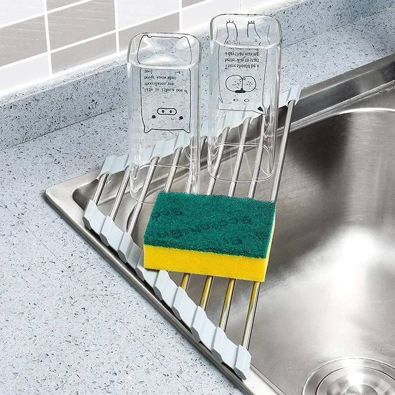 Roll Up Dish Drainer Stainless Steel Corner Organizer (Black)