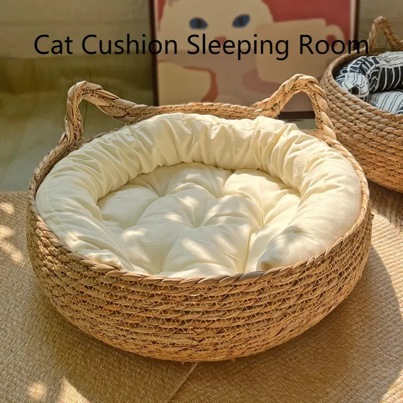 Handmade Woven Cat Basket 46CM with Washable Cushion